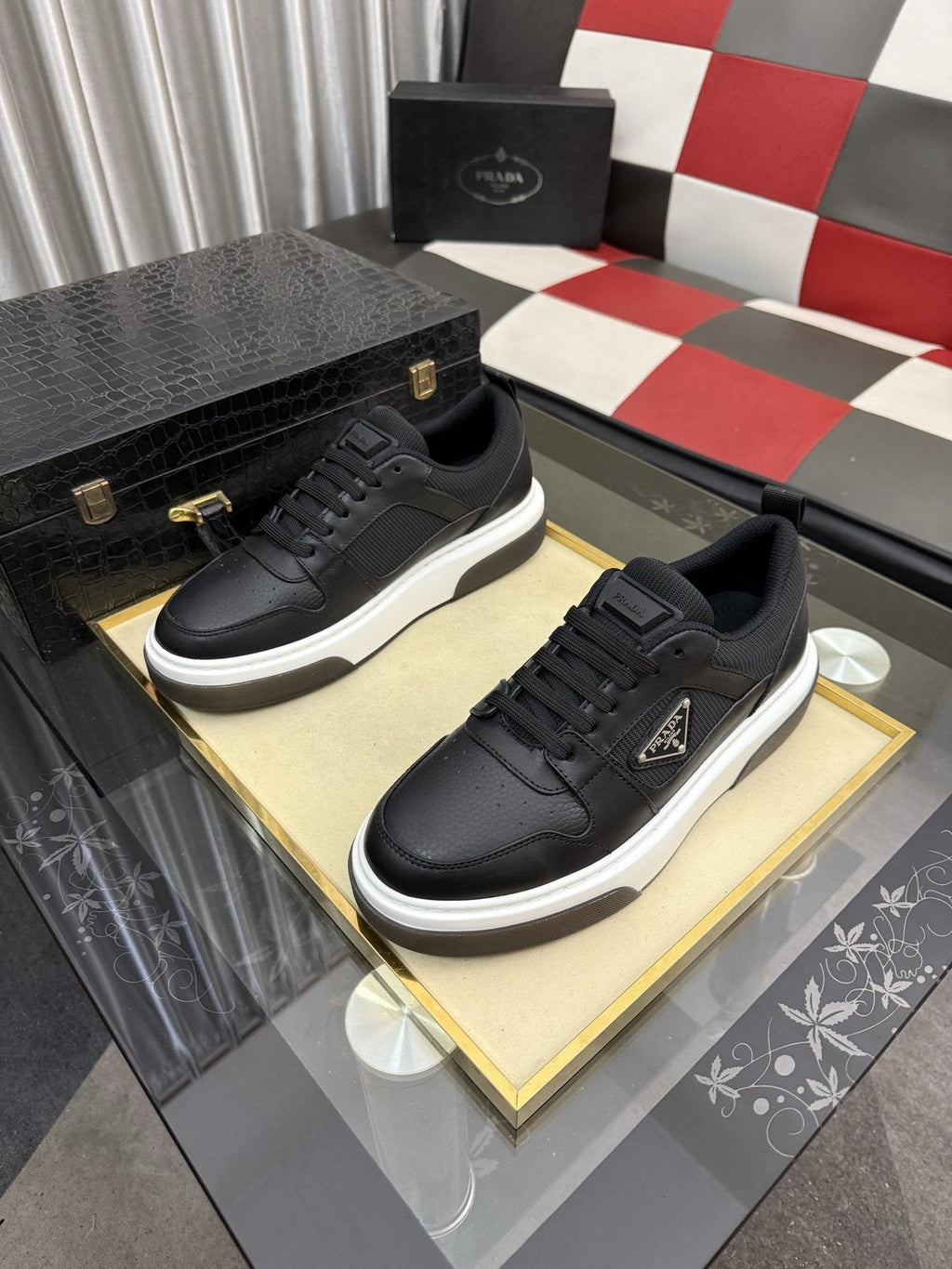 Prada Men's Triangle Plaque Low-Top Sneakers - Padded Collar, Triangular Side Plaque