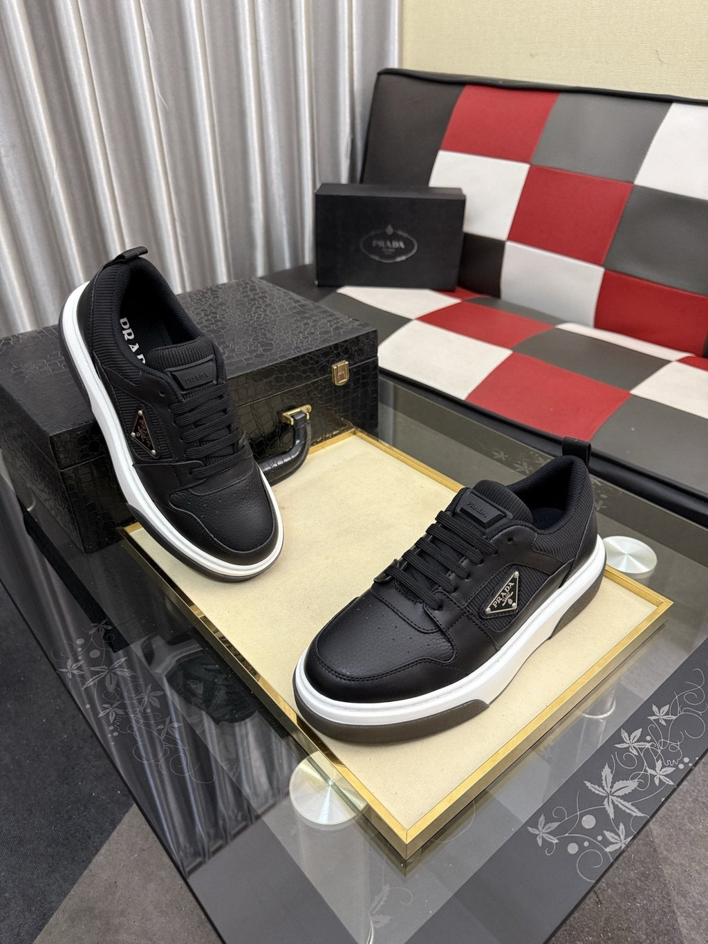 Prada Men's Triangle Plaque Low-Top Sneakers - Padded Collar, Triangular Side Plaque