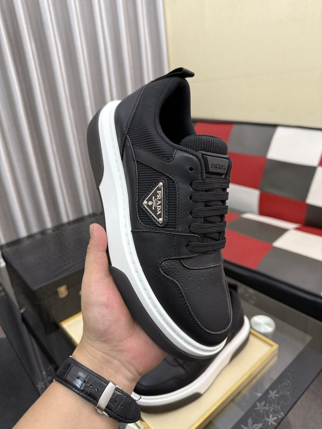 Prada Men's Triangle Plaque Low-Top Sneakers - Padded Collar, Triangular Side Plaque