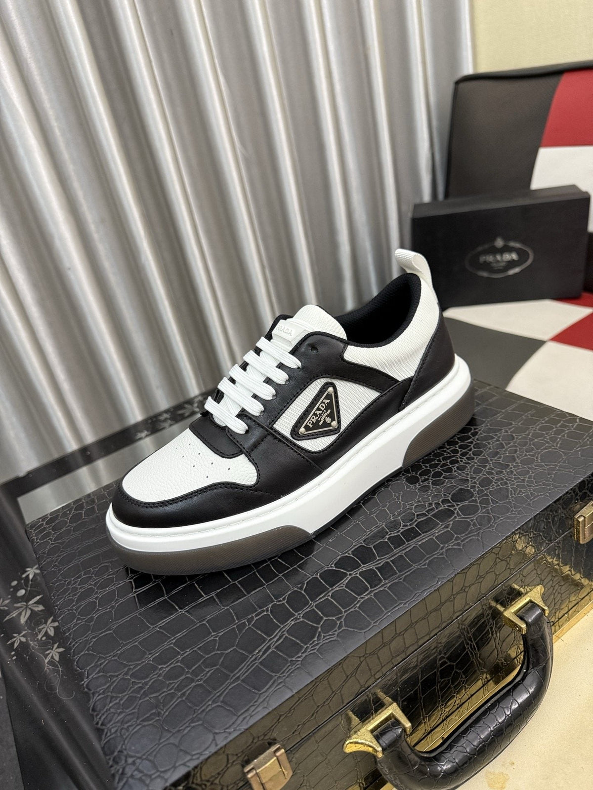 Prada Men's Triangle Plaque Low-Top Sneakers - Padded Collar, Triangular Side Plaque