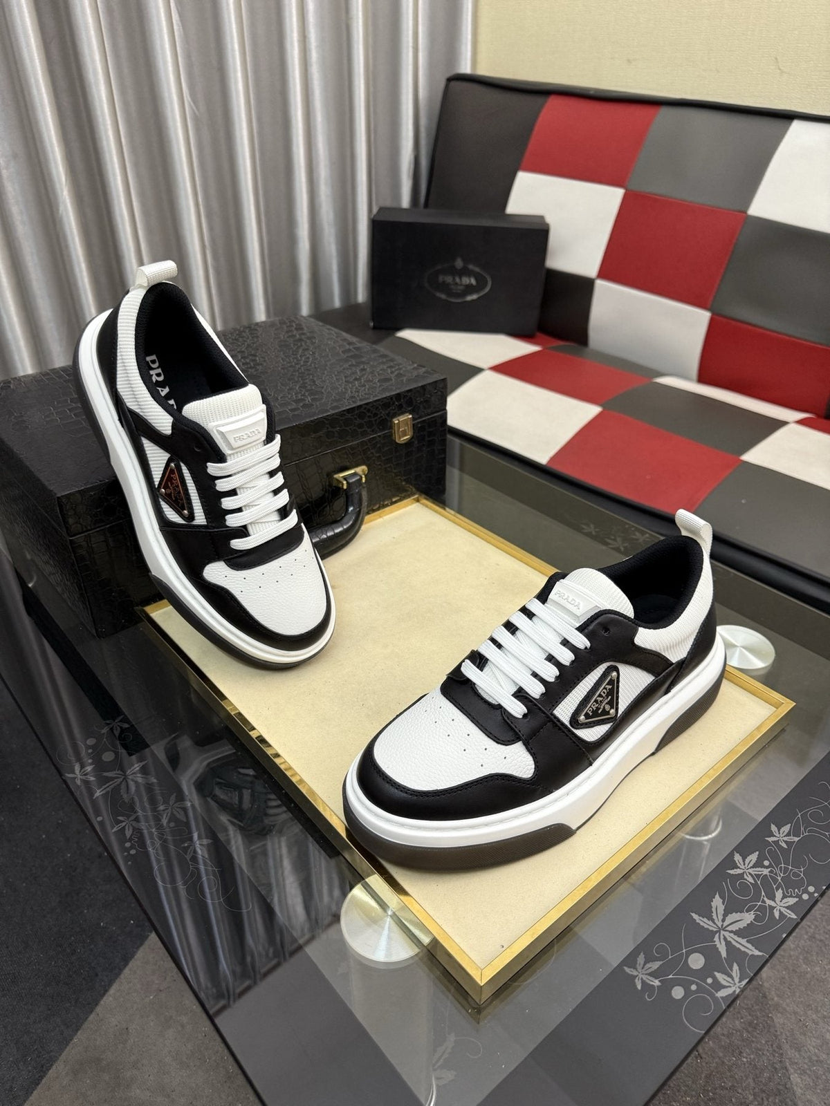 Prada Men's Triangle Plaque Low-Top Sneakers - Padded Collar, Triangular Side Plaque