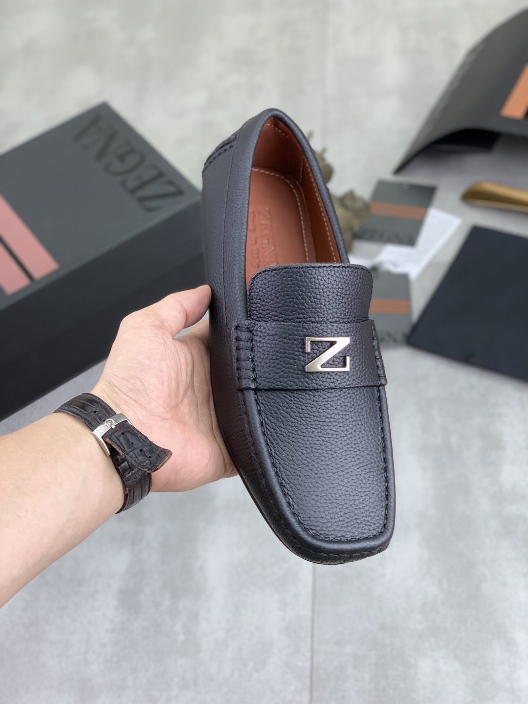 Zegna Square-Toe Leather Loafers