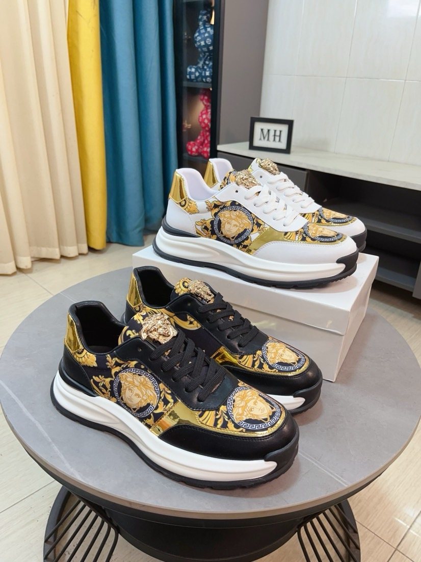 Versace Men's Gold Pattern Leather Sneakers